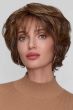 Woman in a dark auburn cropped lace front bob wig with side-swept bangs