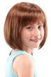 Young girl in short auburn children's rounded bob wig with blunt bangs
