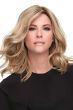 Woman in a 12" light blonde wavy lace front hair topper for thinning hair