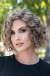Woman in a chin length dark grey curly lace front wig
