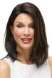 Woman in a shoulder length straight dark brown lace front wig