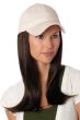 Woman in a solid beige baseball cap with extra long dark brown hair attached