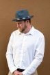Man in grey brimmed men's fedora hat with chevron print band
