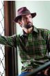 Cool man in brown wool felt fedora hat with ribbon band and brim