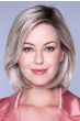 Woman in a past the chin light blonde lace front bob wig