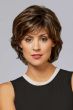 Woman in a past the chin dark brown layered bob wig with wispy bangs