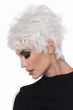 Woman in a messy, choppy layered white human hair wig with side bangs