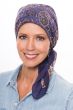 Woman in blue hand printed square cotton head scarf for cancer patients