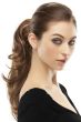 Woman in a 13" layered medium auburn clip on ponytail