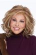 Raquel Welch in a shoulder length ginger blonde curly wig with wispy bangs