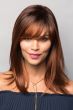 Woman in a long, straight deep burgundy wig with long side bangs