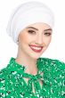 Lady wearing white chemo hat with slouchy fit