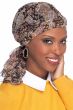 Woman in black paisley pre tied head scarf headcovering for cancer patients