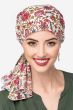 Woman in black paisley pre tied head scarf headcovering for cancer patients