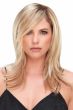 Woman in a 12" light blonde hair topper with side bangs