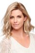 Woman in a 12" light blonde curly wiglet hair topper