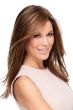 Woman in an 18" medium auburn synthetic hair topper for thinning hair