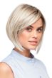 Woman in a light ash blonde angled bob wig with a side part and shorter layering along the face