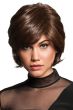 Woman in a chin length dark brown layered bob wig with side bangs