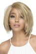 African American woman in a shoulder length asymmetrical razored bob wig