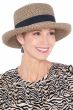 Woman in black and beige straw summer hat with flat top and short upturned brim
