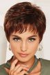 Woman in auburn short pixie wig with short bangs