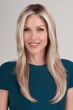 Happy woman in extra long golden blonde lace front wig with highlights and long textured layers