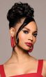 Black woman wearing curly clip on bun hair piece in black