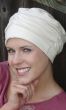 cream chapeau turban for cancer patients worn with gathers in front