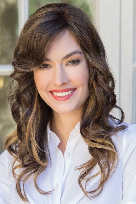 Woman in a 16"dark brown curly hair topper for thinning hair