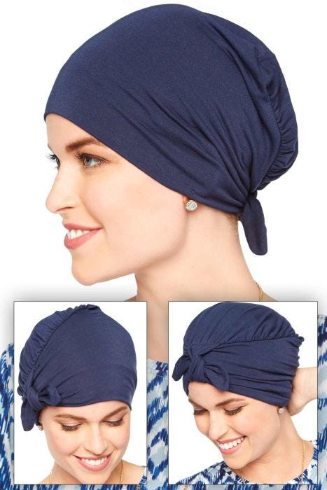 Women in head covering for cancer patients featuring a scarf, beanie hat and turban style