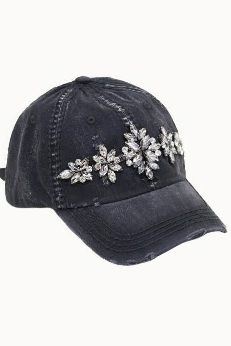 Crystal Floral Bejeweled Baseball Cap | Distressed Baseball Cap for Women