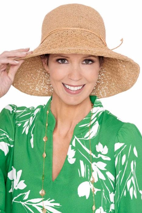 Woman in wide brimmed braided straw sun hat for spring and summer for women