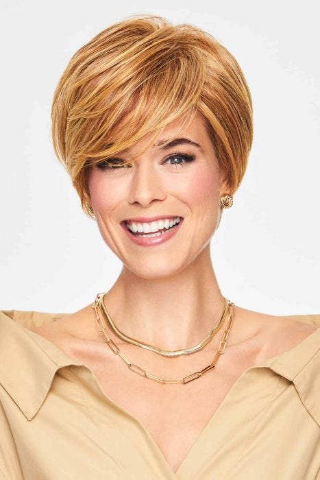 Short layered shag wig with side-swept bangs and crown volume in warm highlighted blonde tones