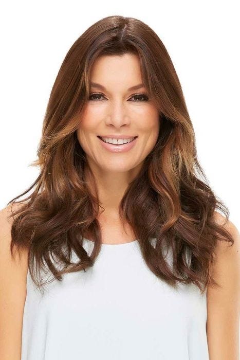 Woman in a medium brown 18" heat resistant hair topper for thinning hair