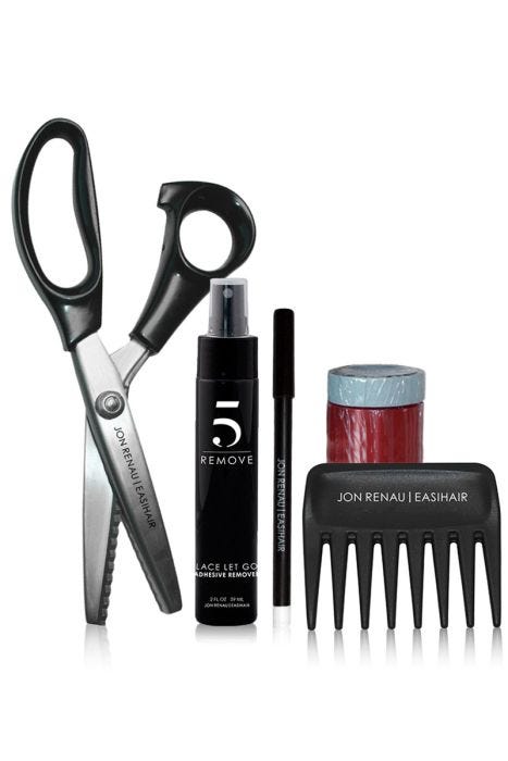 Wig customizing kit with items shown: Tracing Pencil, Pinking Shears, Red Adhesive, Blue Adhesive, and Lace Remover