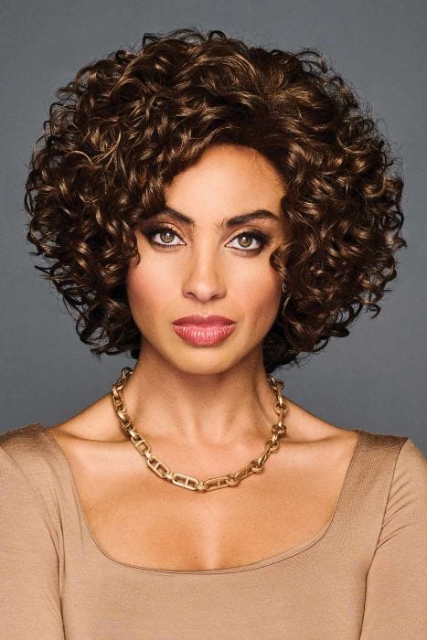 Short curly bob wig with tight spirals and volume, natural shine and face-framing shape