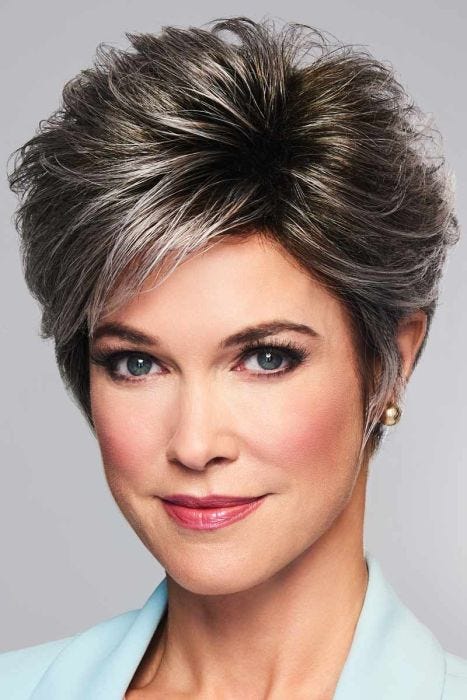 Woman in a full salt and pepper pixie wig