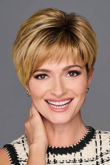Short layered wig with side-swept bangs and soft volume, natural-looking shape and lightweight feel