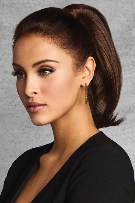 Woman in a 12" clip on straight dark brown ponytail hair piece