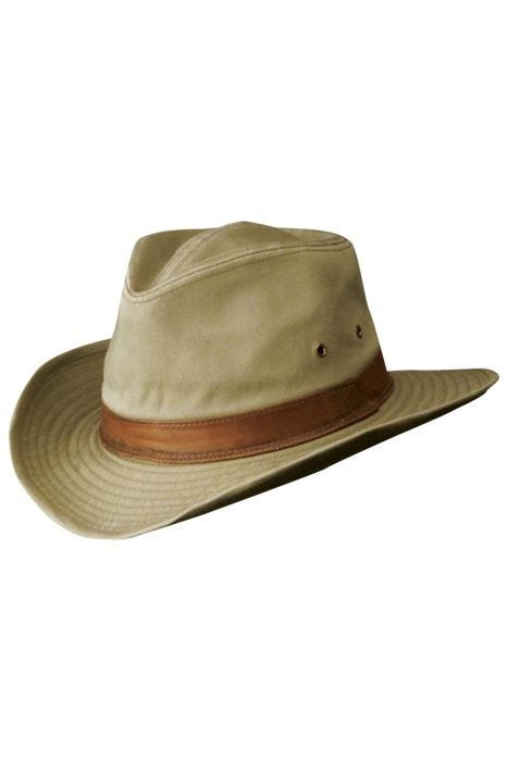 Cool cotton khaki fedora style outback hat for men with brim