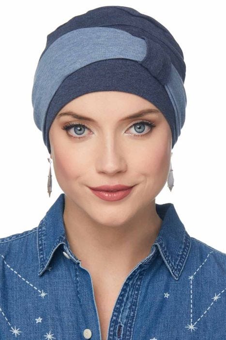 Woman in blue denim turban set for women with matching headband for cancer patients