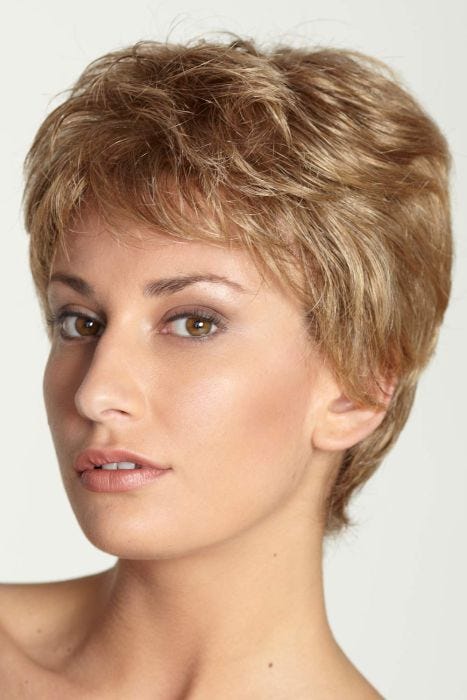 Woman in a petite golden blonde classic pixie wig
