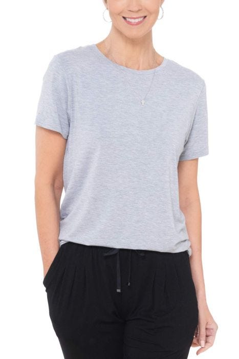Woman in blue bamboo tee shirt