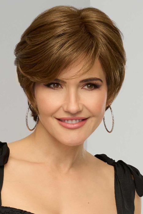 Woman in a 5" medium brown straight hair topper for thinning hair