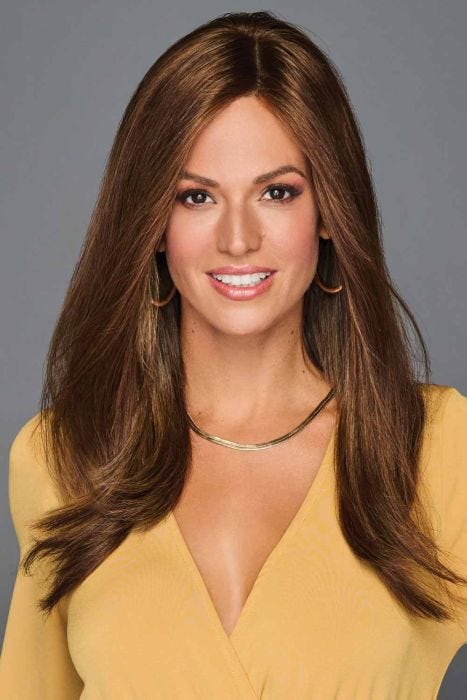 Woman in a 16" straight medium brown human hair topper for thinning hair