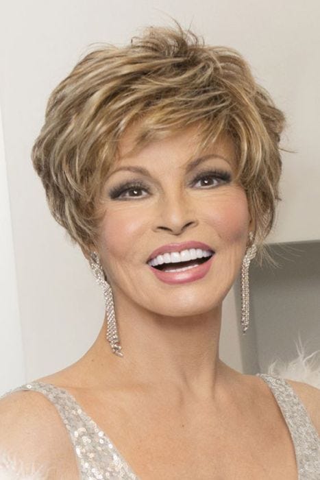Raquel Welch in a layered blonde pixie wig with textured layers and bangs