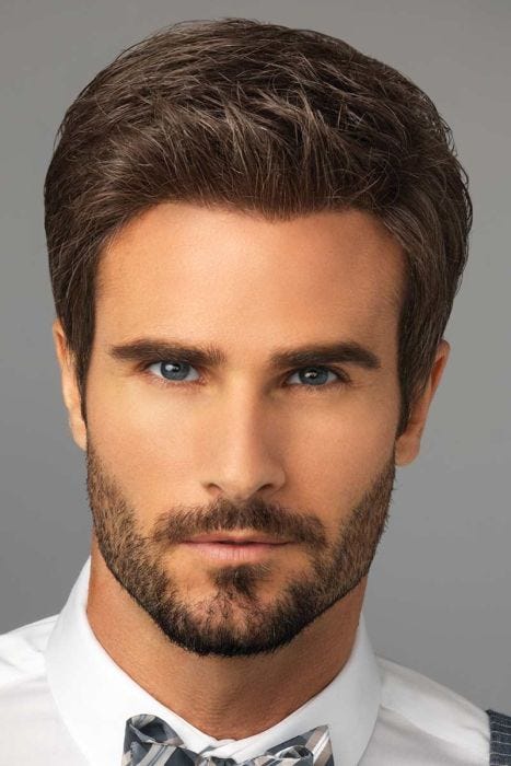 Man in a styled dark brown evenly layered lace front wig