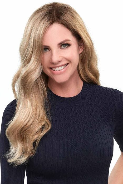 Woman in an 18" light blonde wavy lace front hair topper for thinning hair