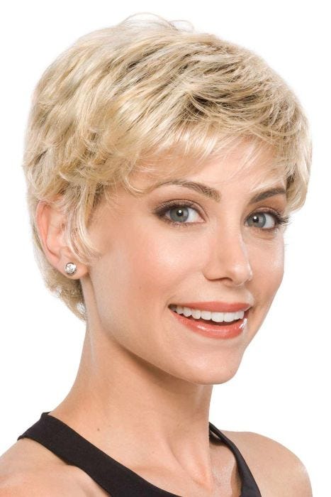 Woman in an ultra petite platinum blonde pixie wig